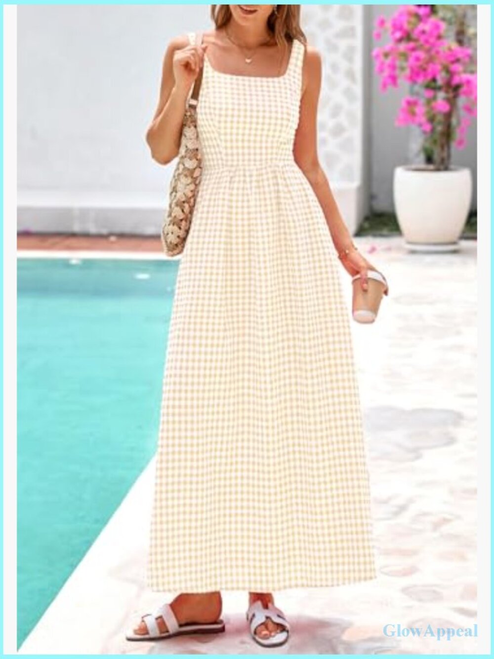 Spaghetti Strap Maxi Dress Plaid Square Neck A Line Casual Beach Vacation Long - Picture 6 of 7